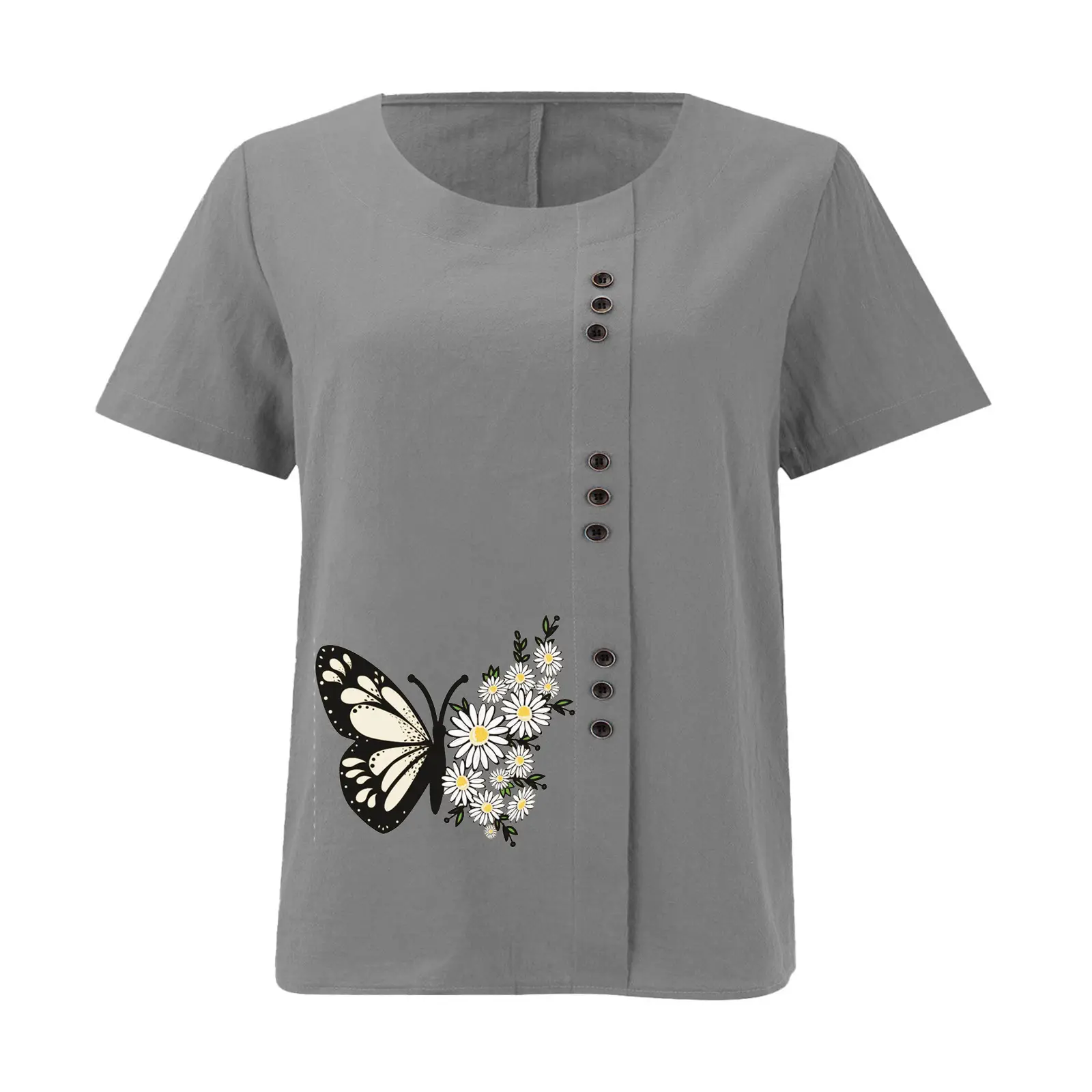 Women Butterfly Print Cotton Linen T-Shirt Plus Size — feature 29