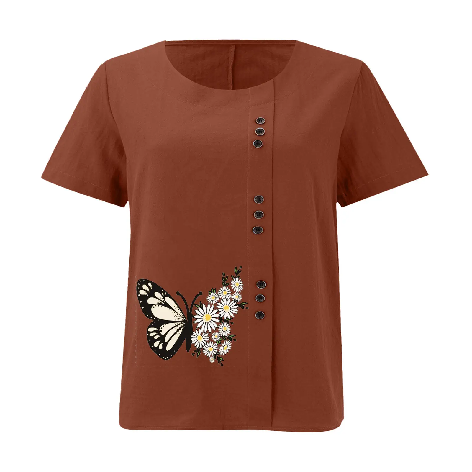 Women Butterfly Print Cotton Linen T-Shirt Plus Size — feature 31