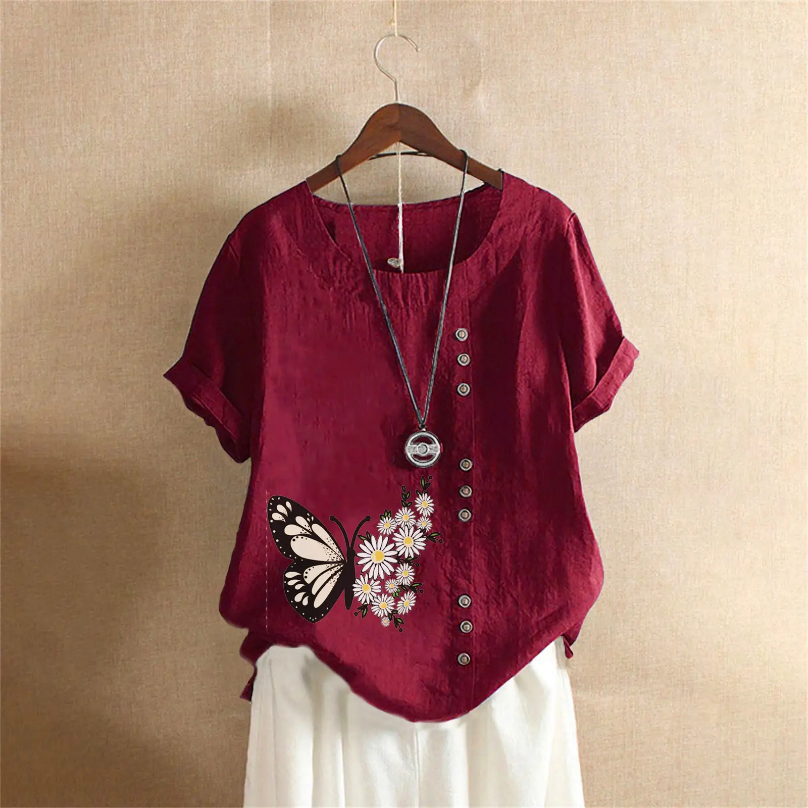 Women Butterfly Print Cotton Linen T-Shirt Plus Size - Image 10
