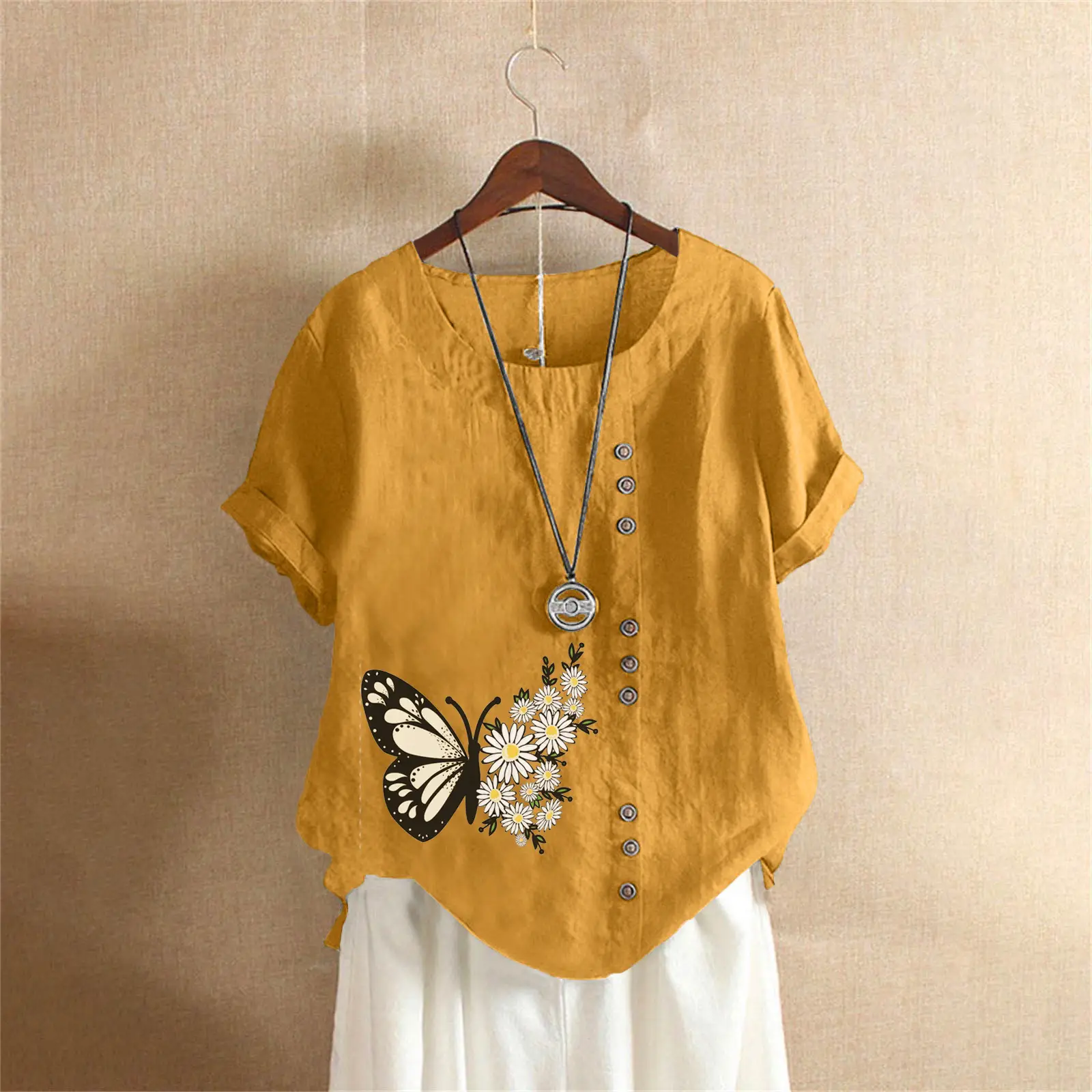 Women Butterfly Print Cotton Linen T-Shirt Plus Size - Image 11