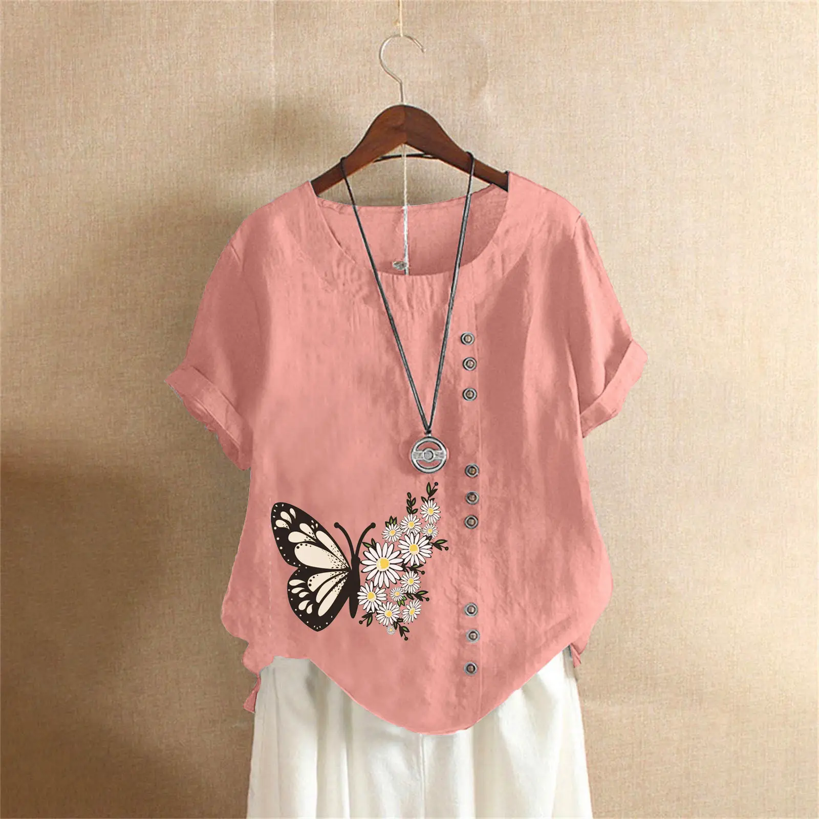 Women Butterfly Print Cotton Linen T-Shirt Plus Size - Image 12