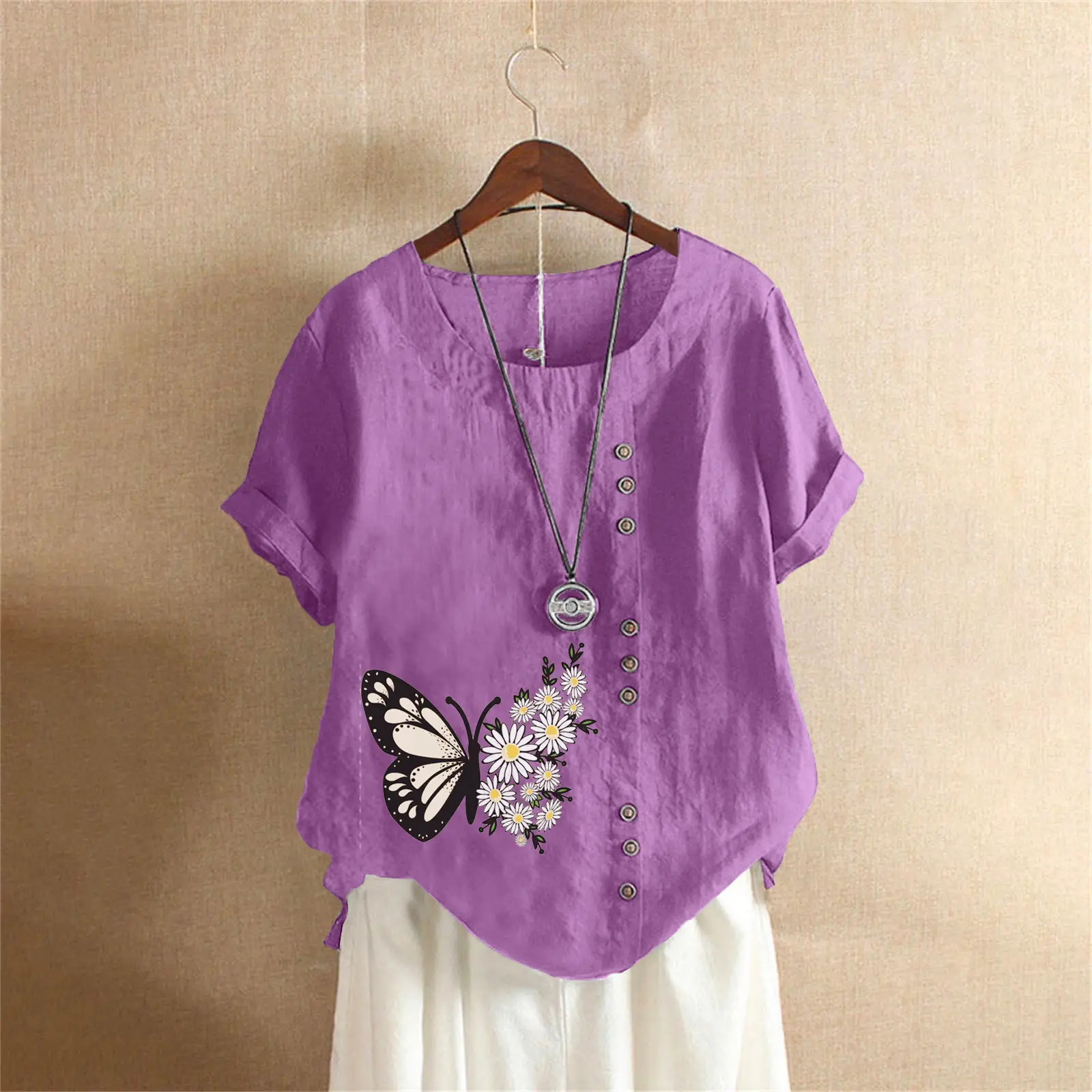 Women Butterfly Print Cotton Linen T-Shirt Plus Size - Image 13