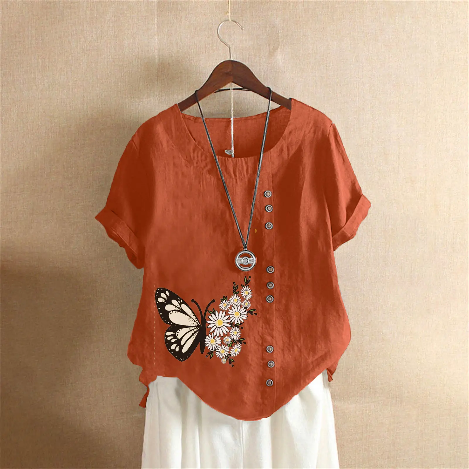Women Butterfly Print Cotton Linen T-Shirt Plus Size - Image 14