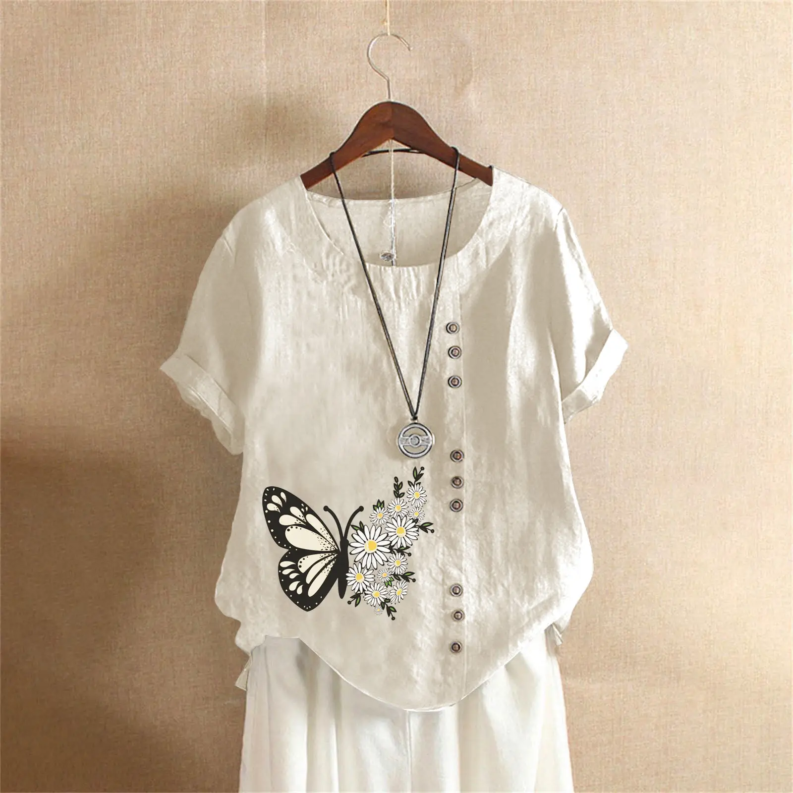 Women Butterfly Print Cotton Linen T-Shirt Plus Size - Image 15