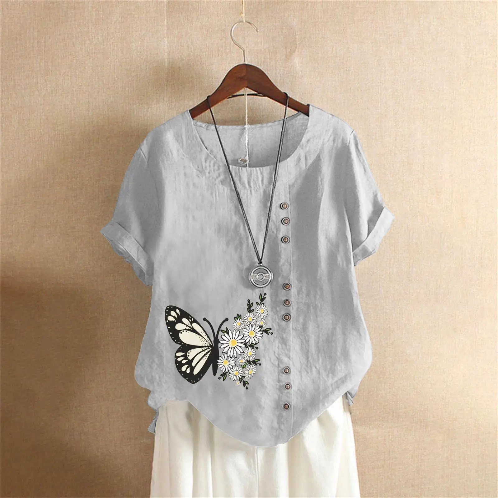 Women Butterfly Print Cotton Linen T-Shirt Plus Size - Image 16