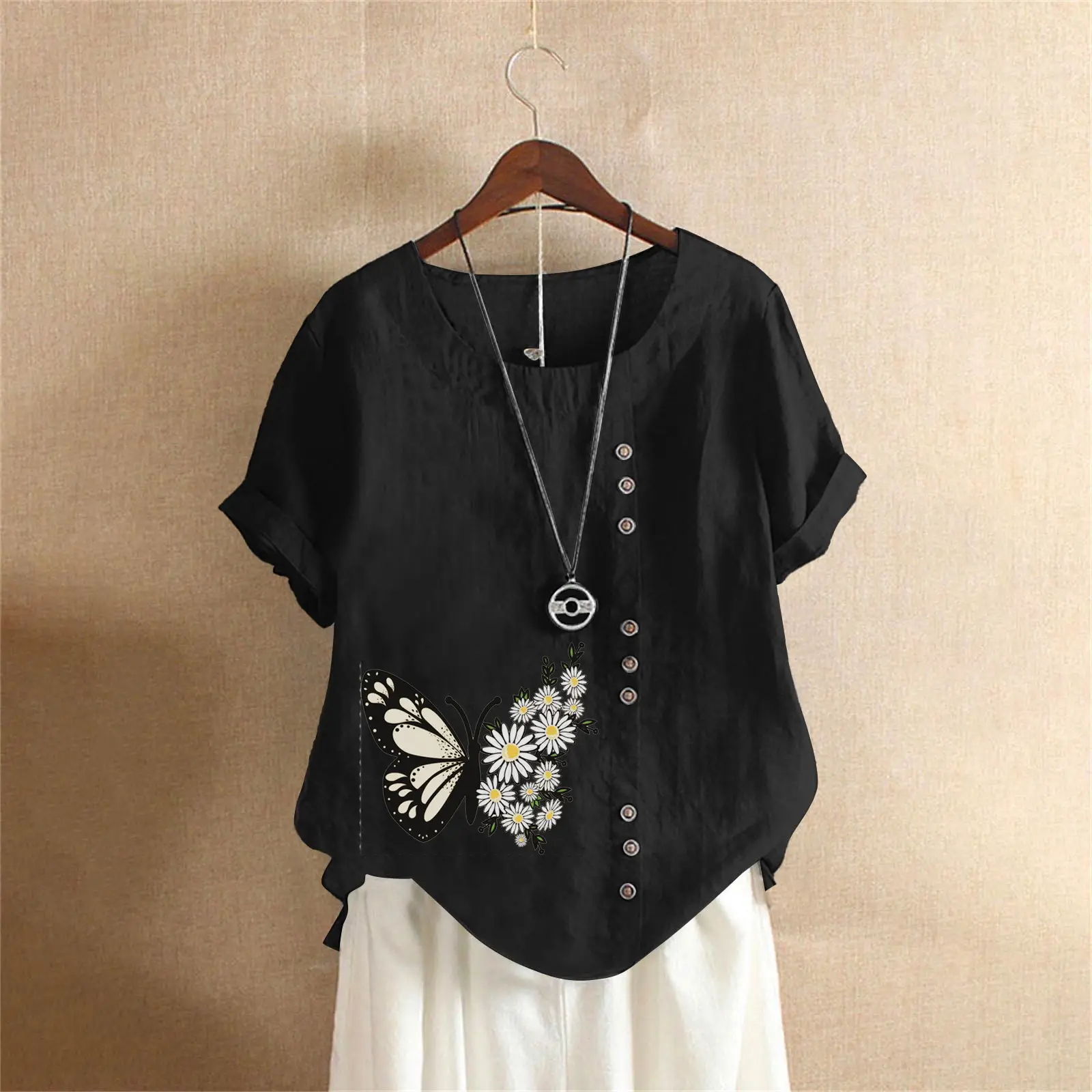 Women Butterfly Print Cotton Linen T-Shirt Plus Size - Image 17