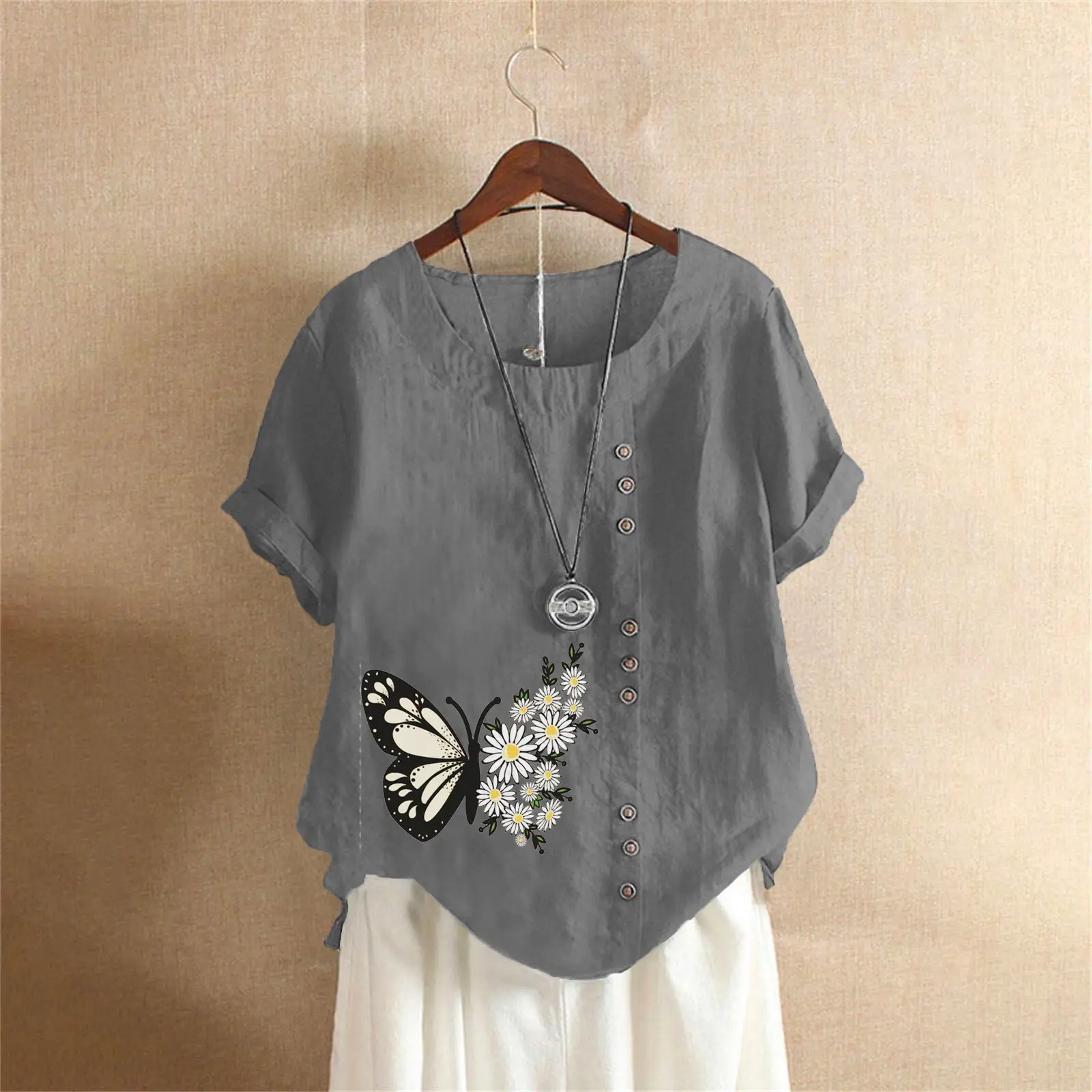 Women Butterfly Print Cotton Linen T-Shirt Plus Size - Image 18