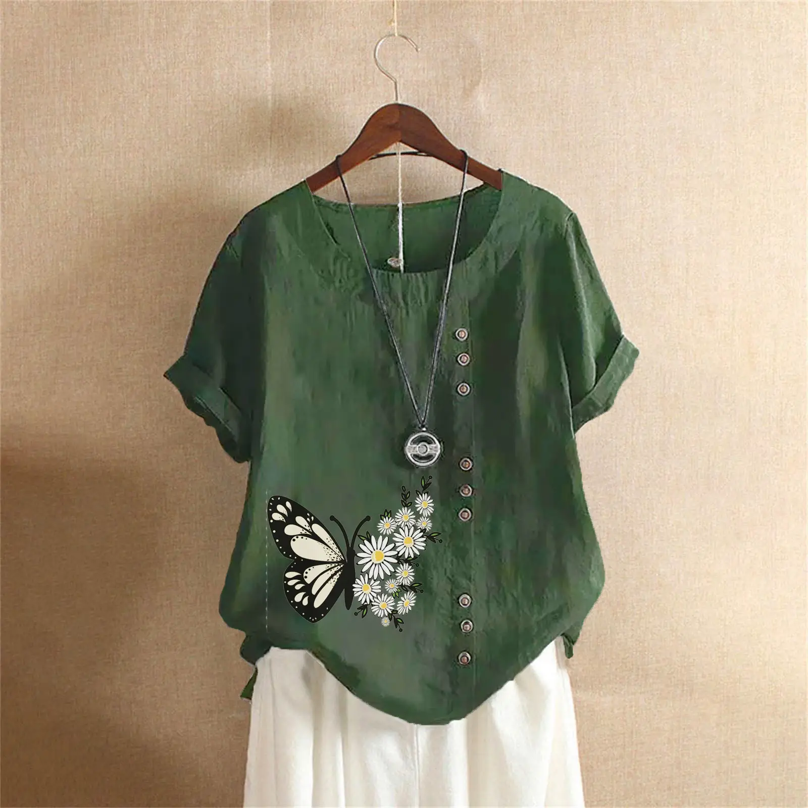 Women Butterfly Print Cotton Linen T-Shirt Plus Size - Image 2