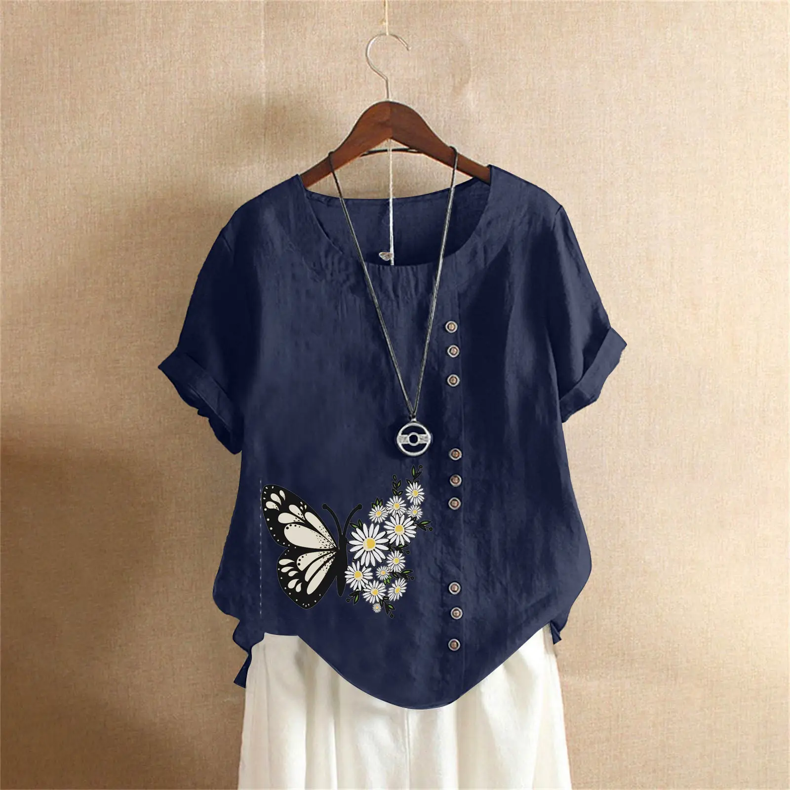 Women Butterfly Print Cotton Linen T-Shirt Plus Size - Image 3