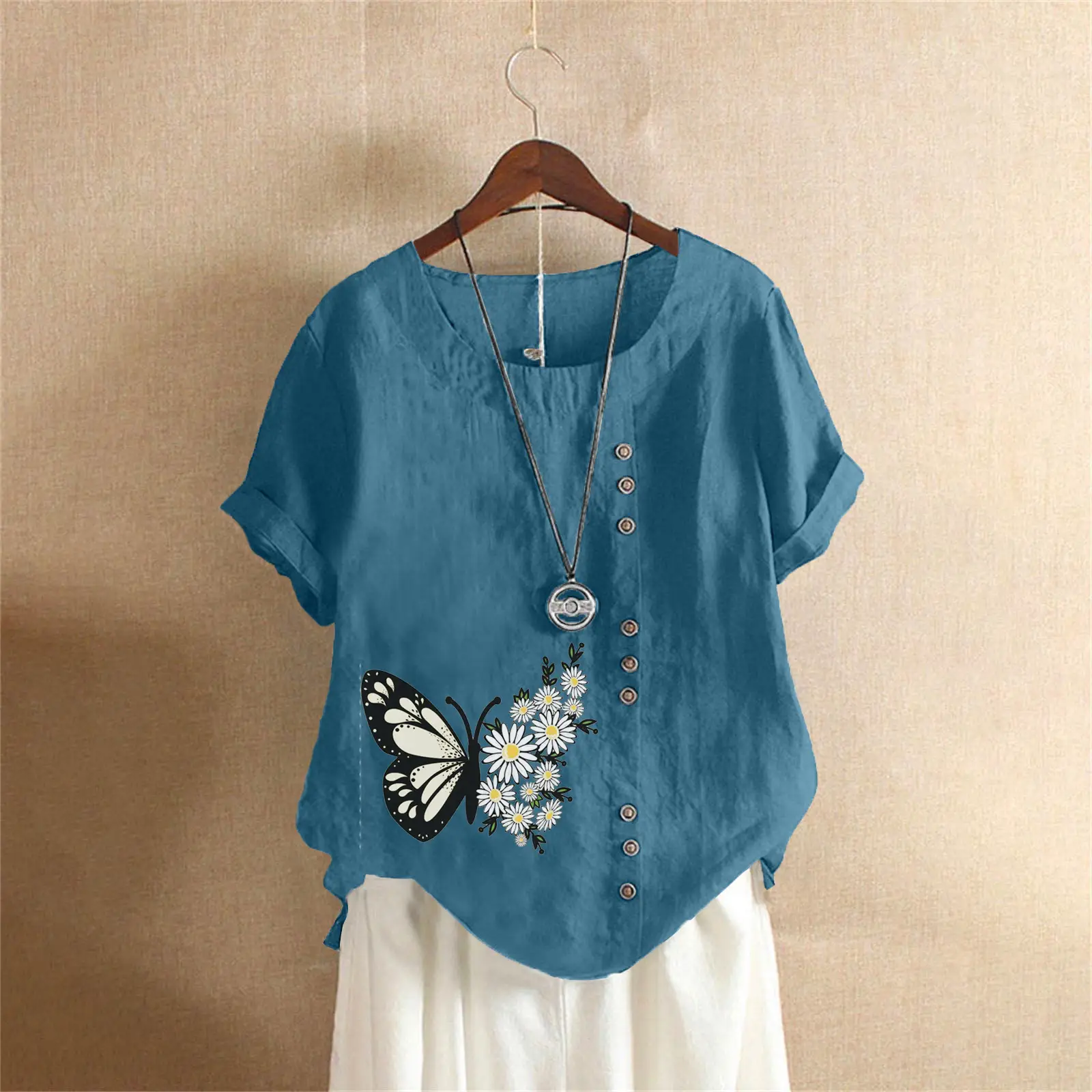 Women Butterfly Print Cotton Linen T-Shirt Plus Size - Image 4