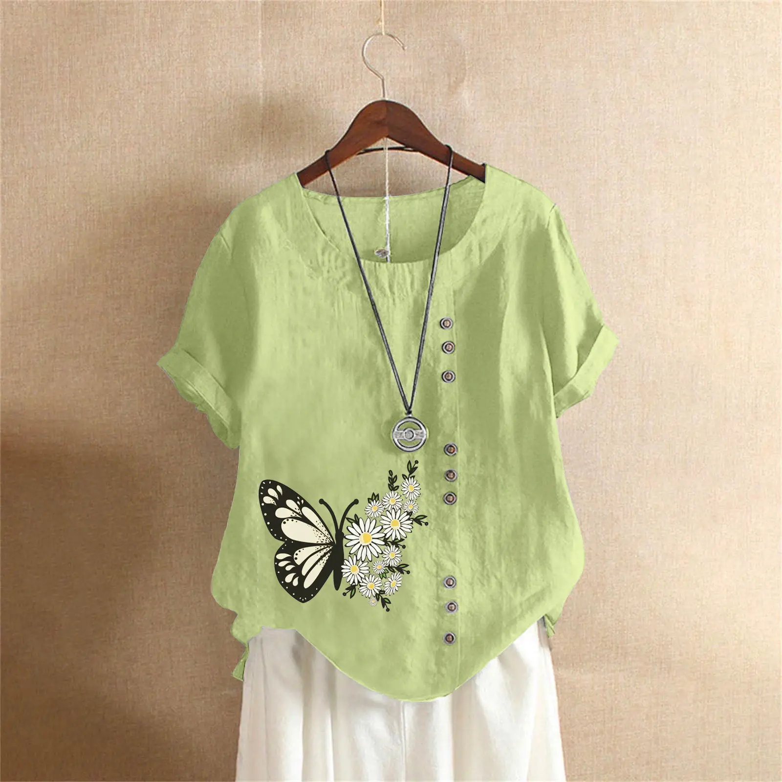 Women Butterfly Print Cotton Linen T-Shirt Plus Size - Image 5