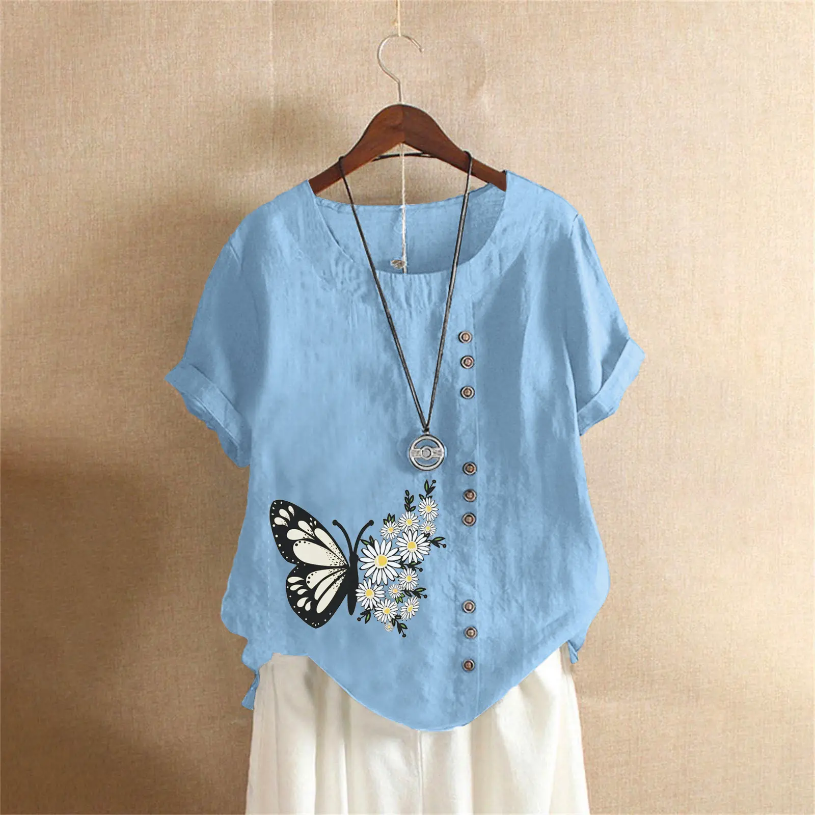 Women Butterfly Print Cotton Linen T-Shirt Plus Size - Image 6