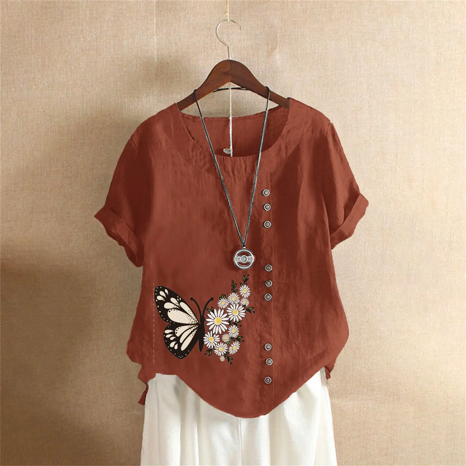 Women Butterfly Print Cotton Linen T-Shirt Plus Size - Image 7