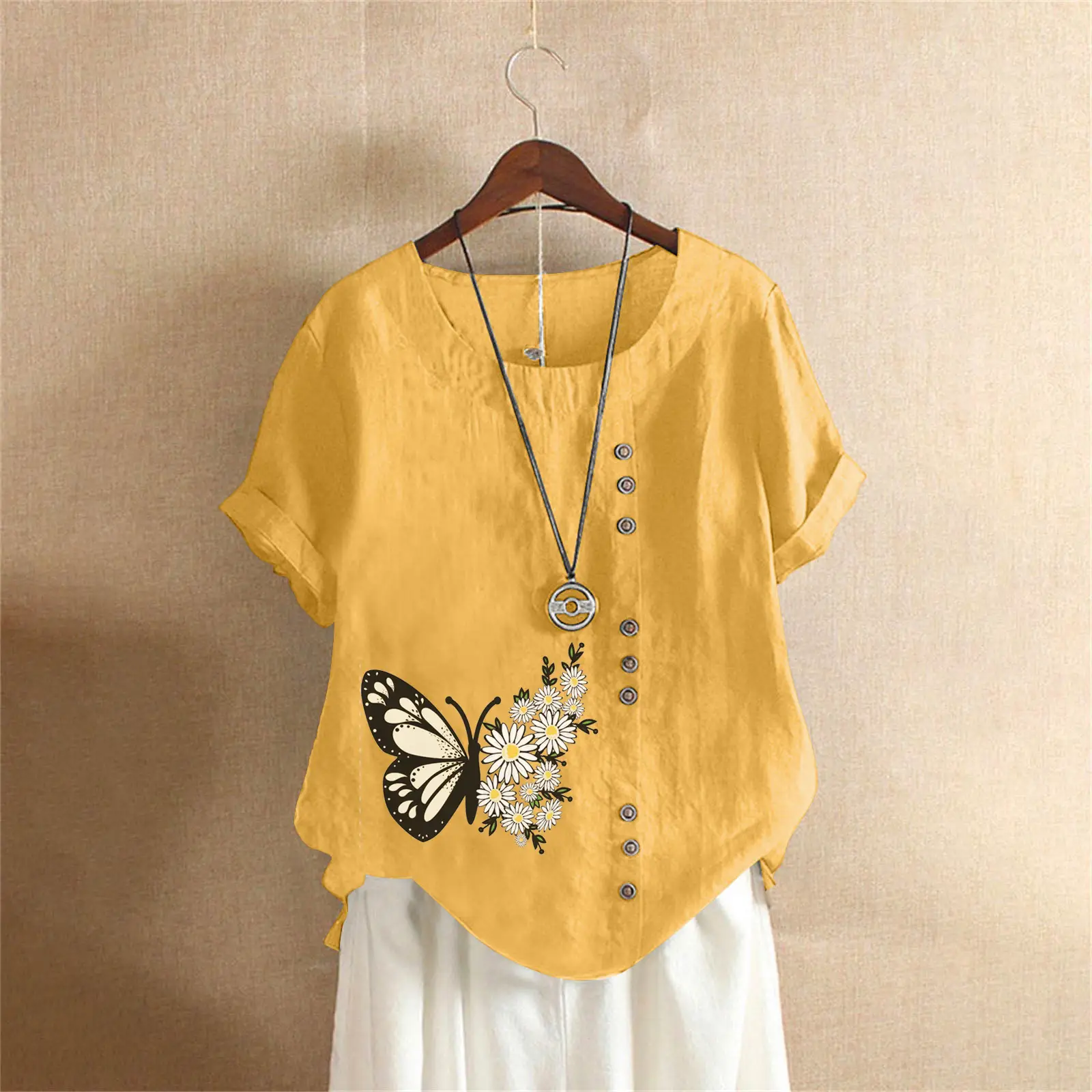 Women Butterfly Print Cotton Linen T-Shirt Plus Size - Image 9