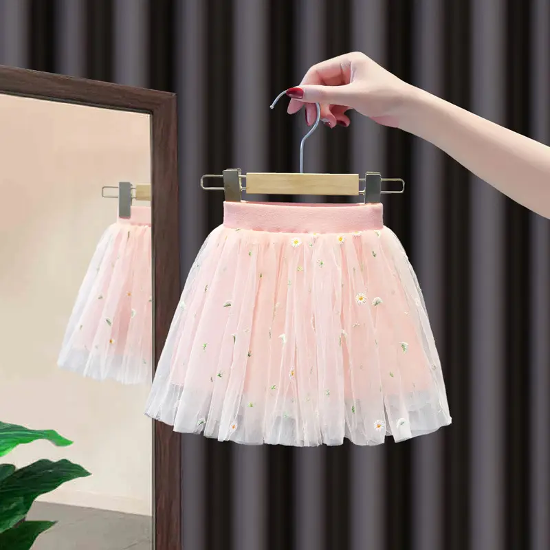 Pink Embroidered Mesh Girl Skirt 2022 Summer - Image 4