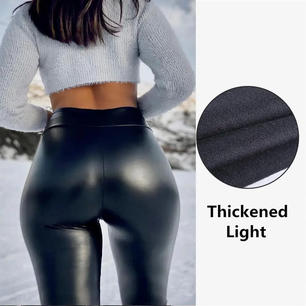 Black Leather High Waist Leggings Women's Four-Sided Elastic Hip Pants - Image 2