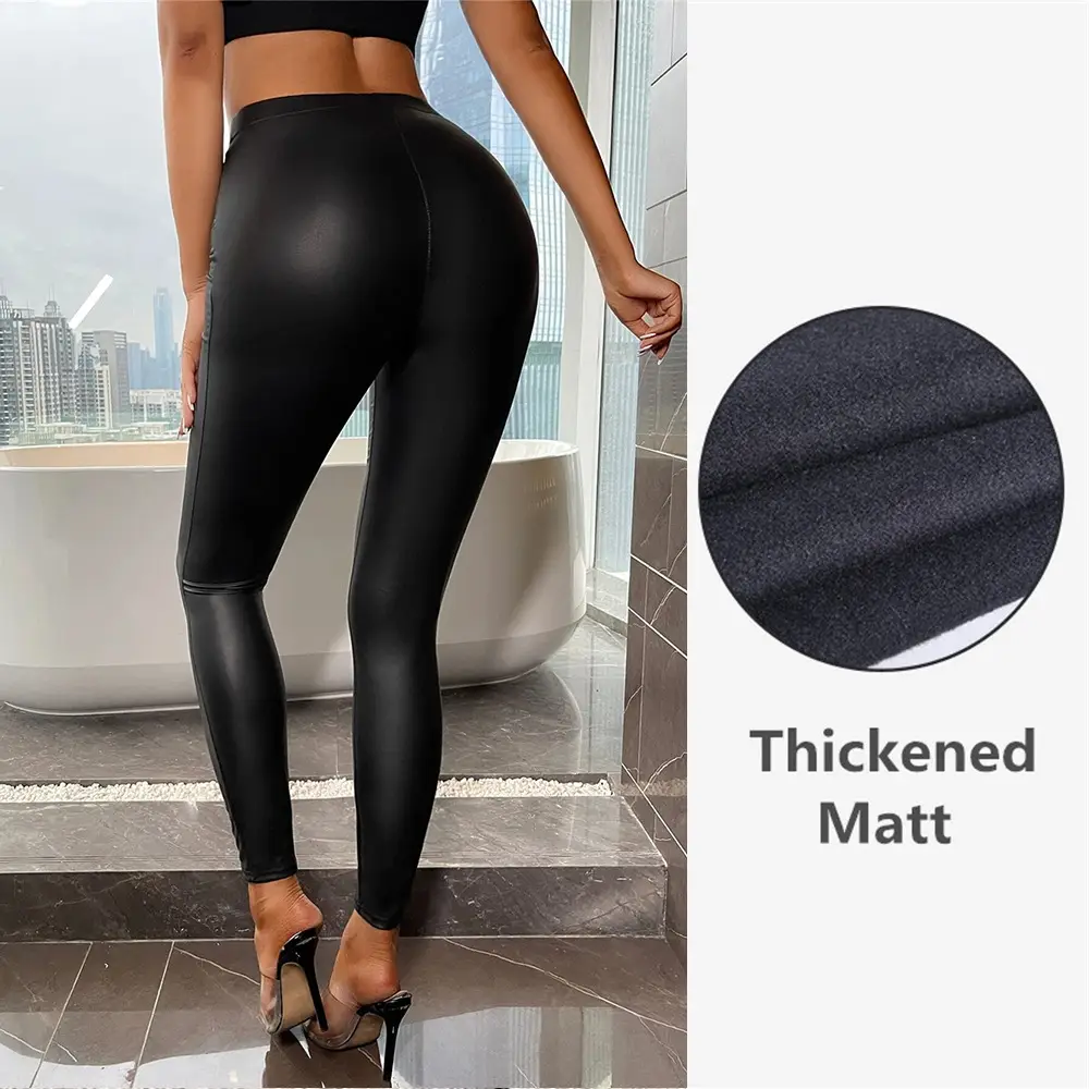 Black Leather High Waist Leggings Women's Four-Sided Elastic Hip Pants - Image 4