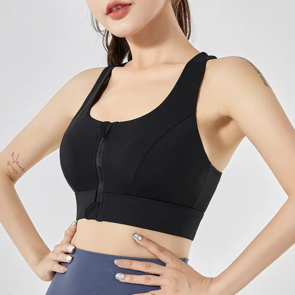 Chuanton Front Zipper Sports Bra Shock-Proof High-Strength All-In-One Fixed Cup Outer Wear Fitness Yoga Vest Bra