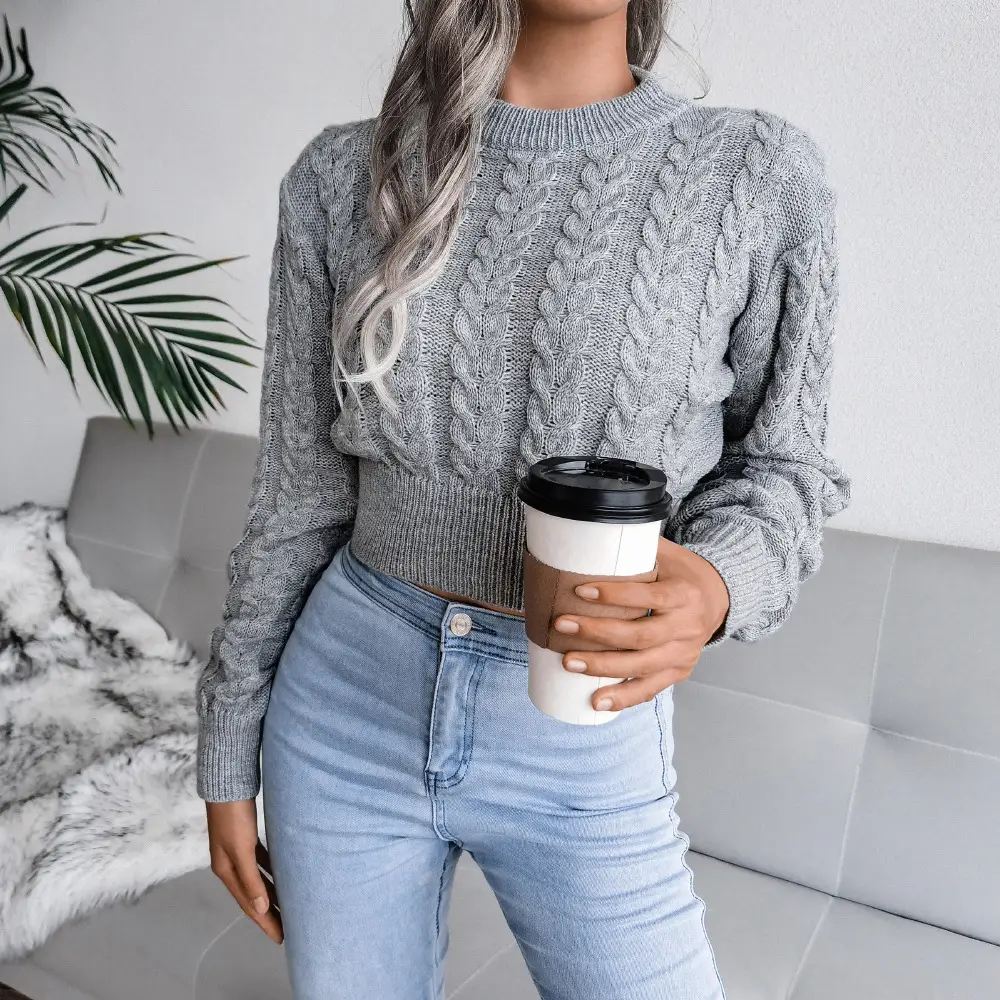 Women Grey Knit Pullover Sweater Round Neck Slim Fit