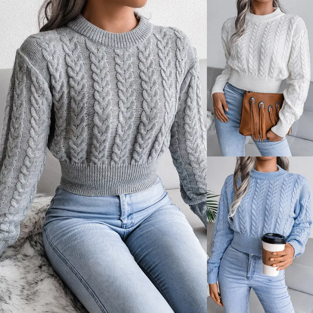 Women Grey Knit Pullover Sweater Round Neck Slim Fit