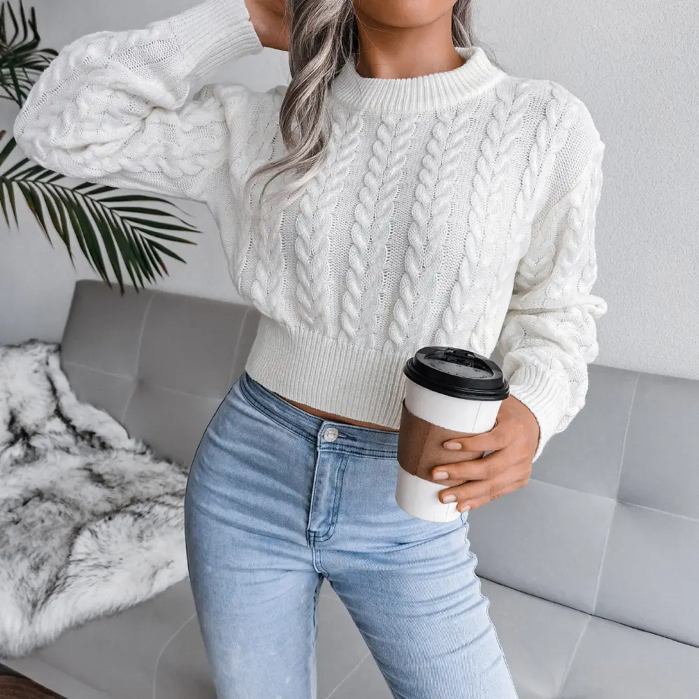 Women Grey Knit Pullover Sweater Round Neck Slim Fit