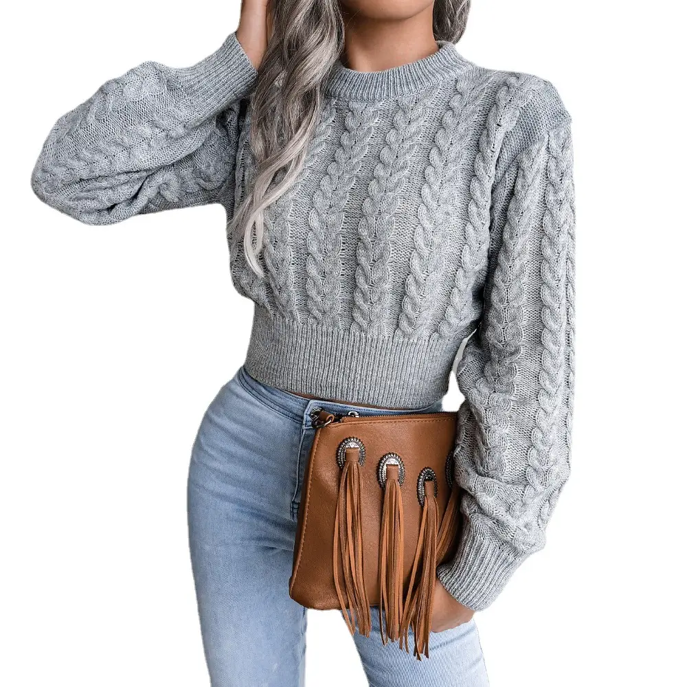 Women Grey Knit Pullover Sweater Round Neck Slim Fit