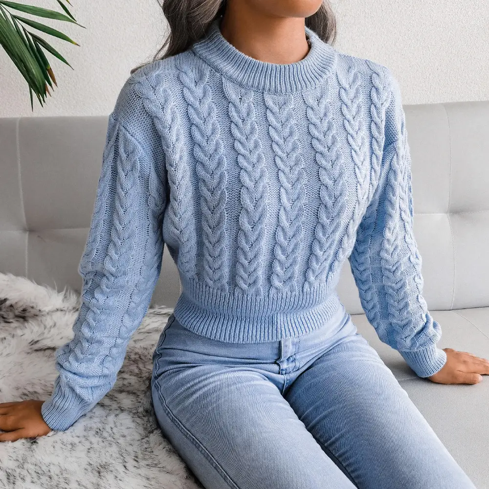 Women Grey Knit Pullover Sweater Round Neck Slim Fit