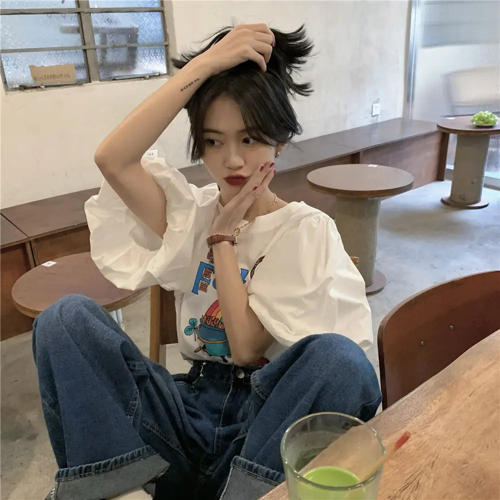 Women Korean Style Loose T-Shirt with Puff Sleeve Cartoon Print - Image 4