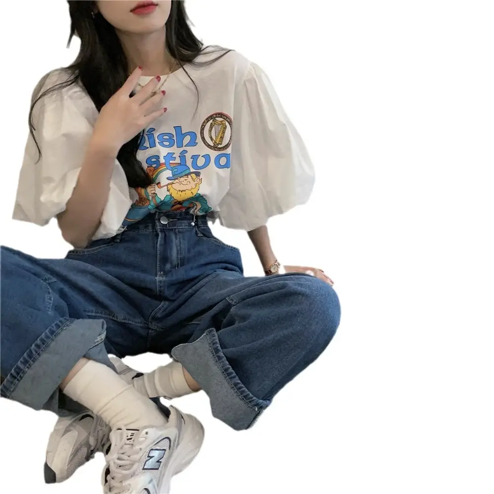 Women Korean Style Loose T-Shirt with Puff Sleeve Cartoon Print - Image 5