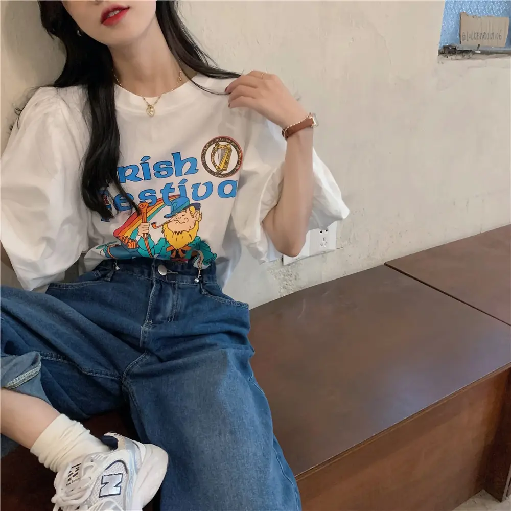 Women Korean Style Loose T-Shirt with Puff Sleeve Cartoon Print — feature 10