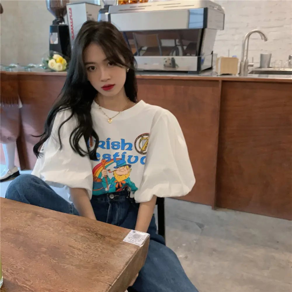 Women Korean Style Loose T-Shirt with Puff Sleeve Cartoon Print — feature 11