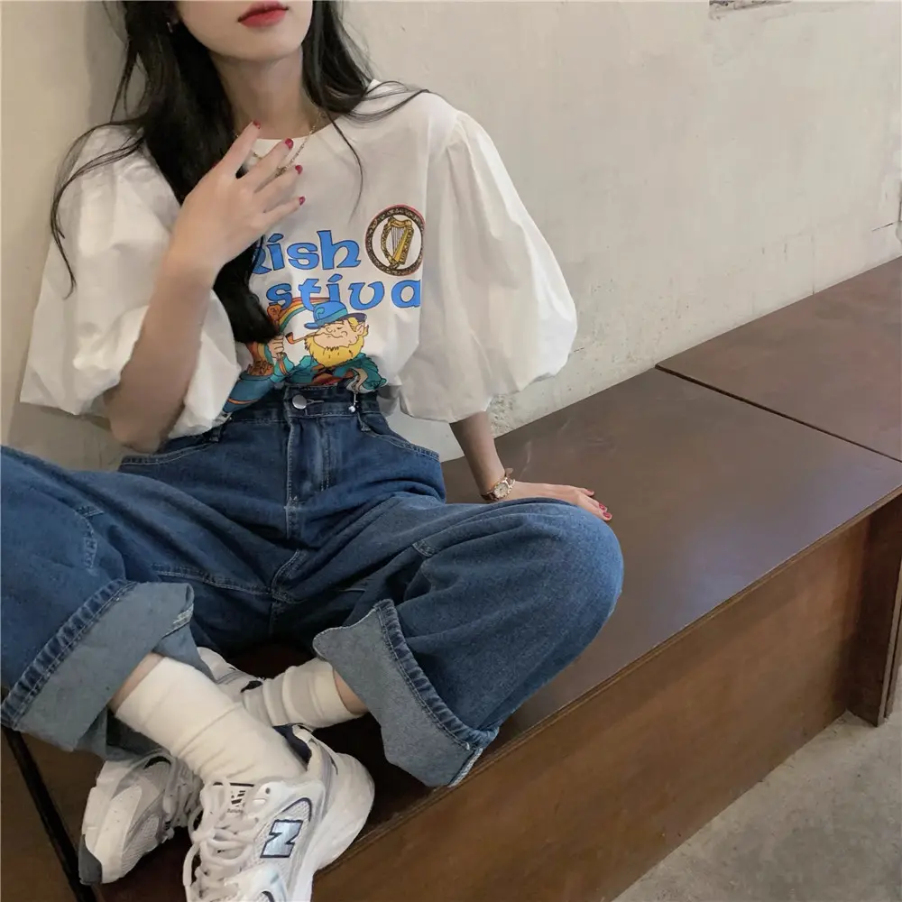 Women Korean Style Loose T-Shirt with Puff Sleeve Cartoon Print — feature 12