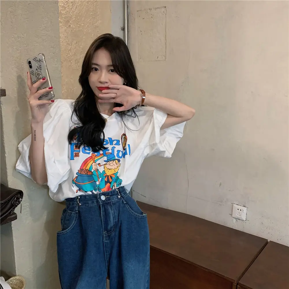 Women Korean Style Loose T-Shirt with Puff Sleeve Cartoon Print — feature 14