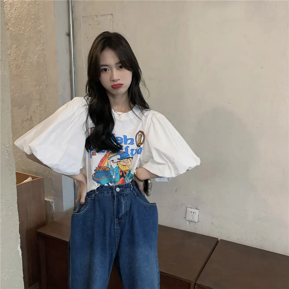 Women Korean Style Loose T-Shirt with Puff Sleeve Cartoon Print — feature 15