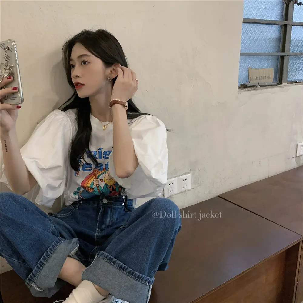 Women Korean Style Loose T-Shirt with Puff Sleeve Cartoon Print — feature 16