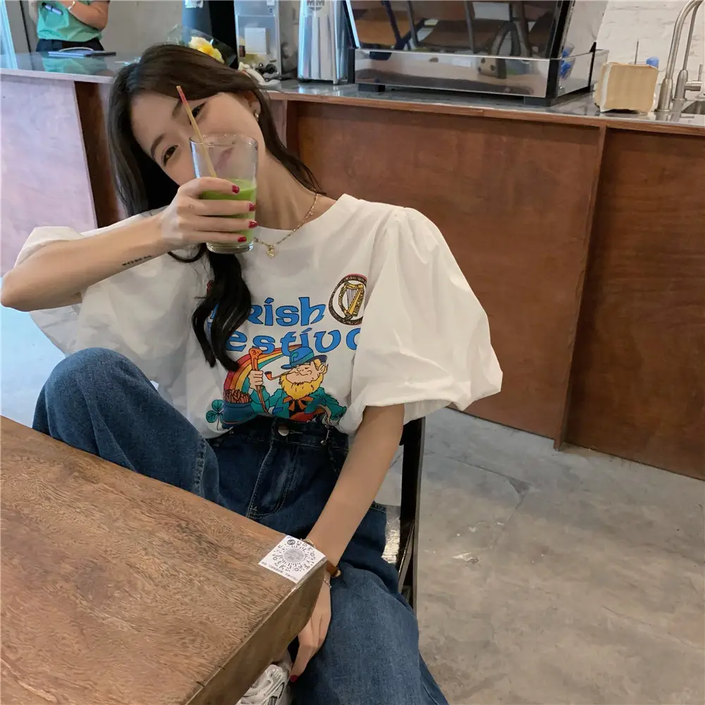 Women Korean Style Loose T-Shirt with Puff Sleeve Cartoon Print — feature 17