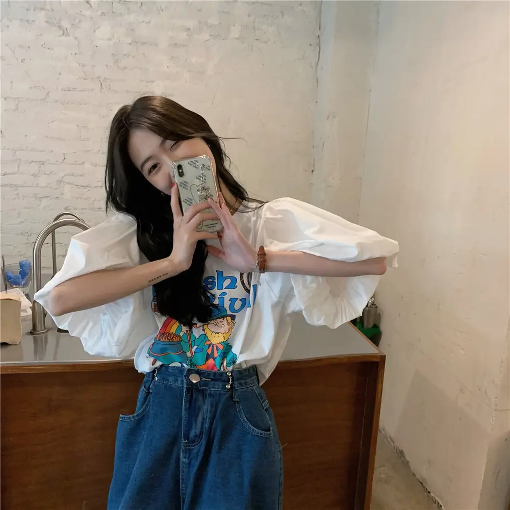 Women Korean Style Loose T-Shirt with Puff Sleeve Cartoon Print — feature 18