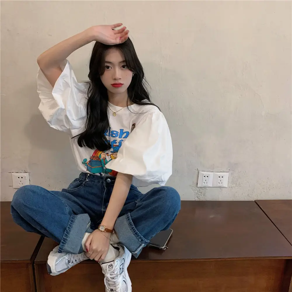 Women Korean Style Loose T-Shirt with Puff Sleeve Cartoon Print — feature 19