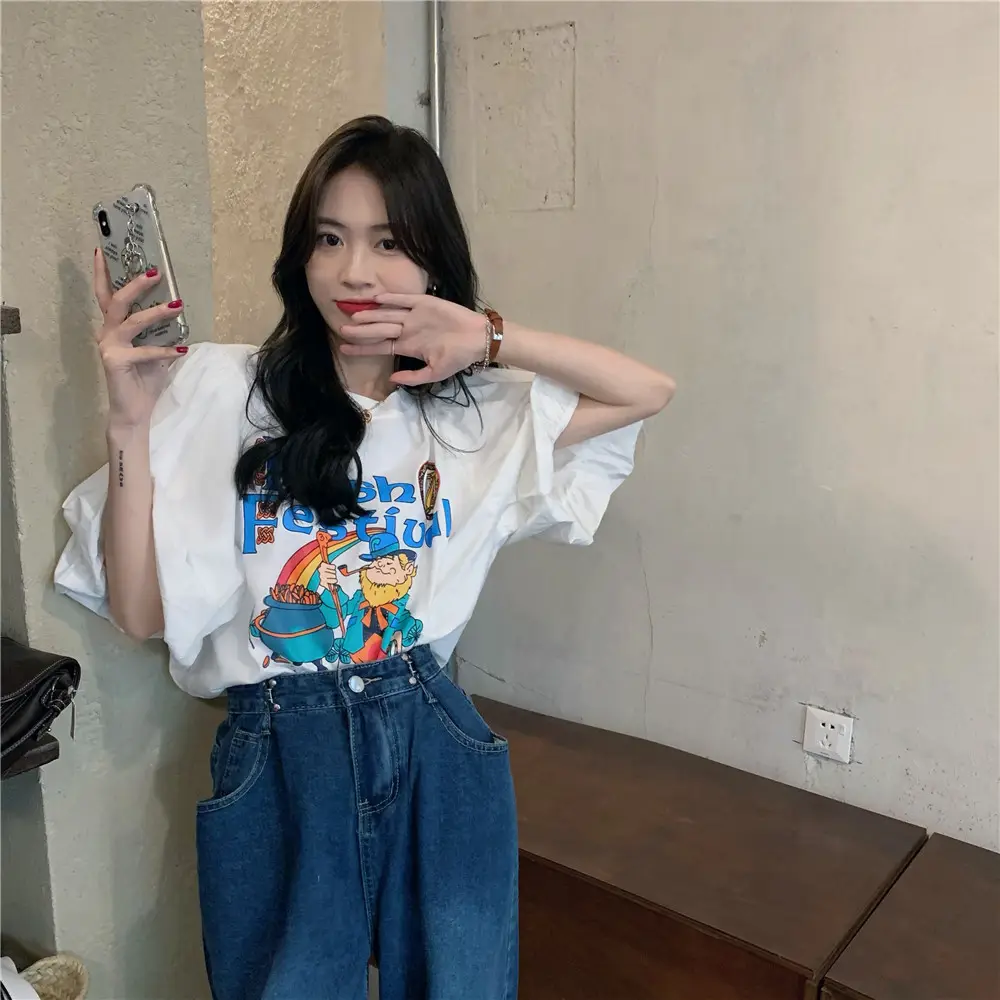 Women Korean Style Loose T-Shirt with Puff Sleeve Cartoon Print — feature 20
