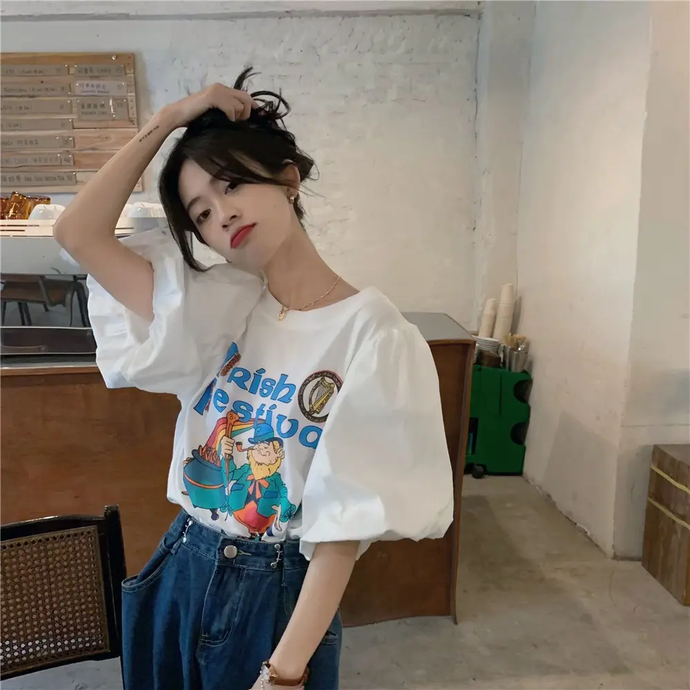 Women Korean Style Loose T-Shirt with Puff Sleeve Cartoon Print — feature 5