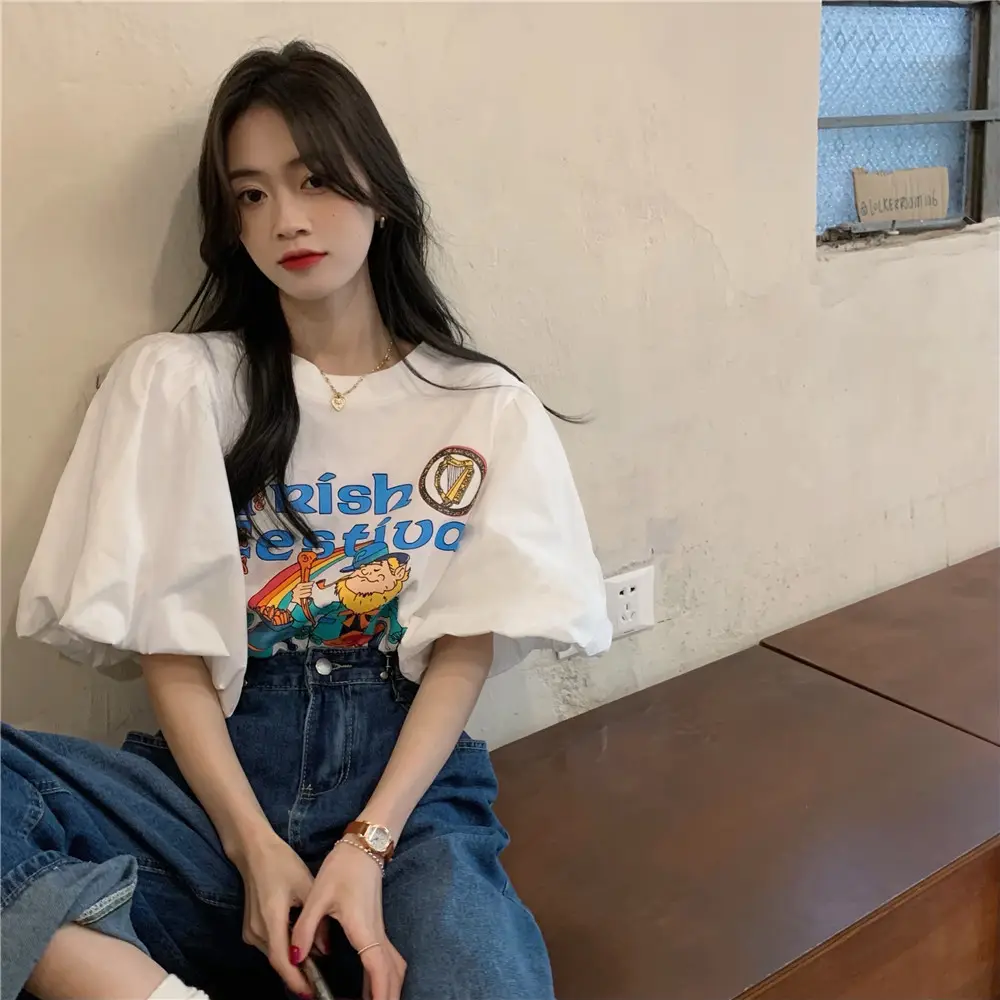 Women Korean Style Loose T-Shirt with Puff Sleeve Cartoon Print — feature 6