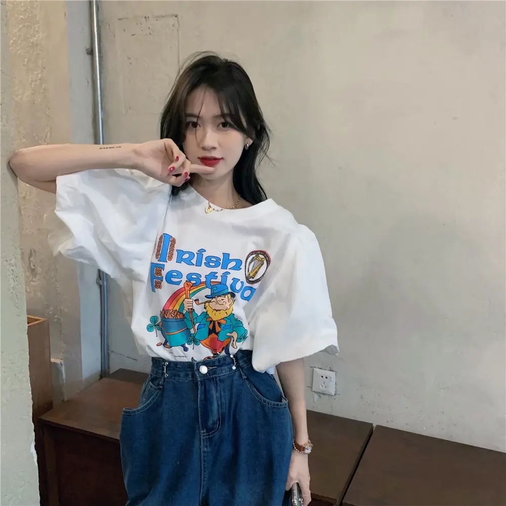 Women Korean Style Loose T-Shirt with Puff Sleeve Cartoon Print — feature 7