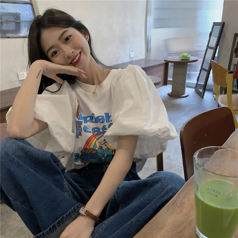 Women Korean Style Loose T-Shirt with Puff Sleeve Cartoon Print — feature 9