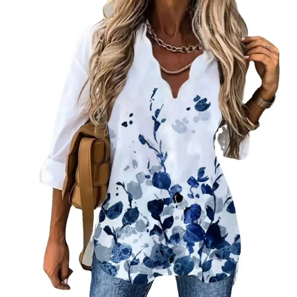 Women's Printed Long Sleeve V-Neck Shirt White Black Floral