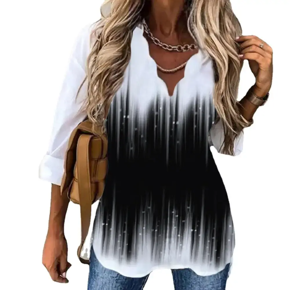 Women's Printed Long Sleeve V-Neck Shirt White Black Floral