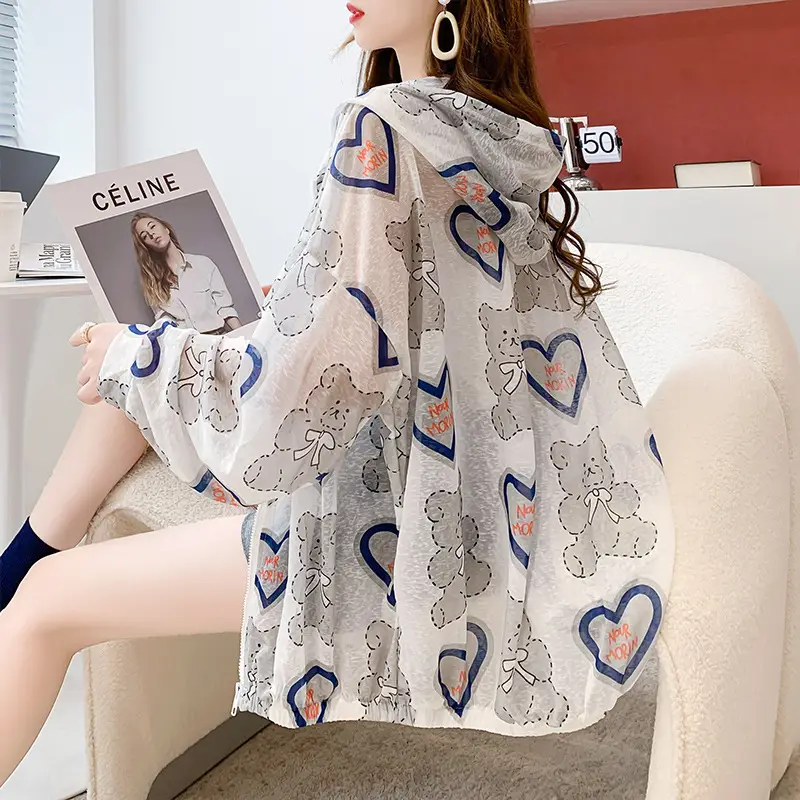 2023 Printed Heart Zipper Cardigan Sunscreen Coat for Women - Image 3