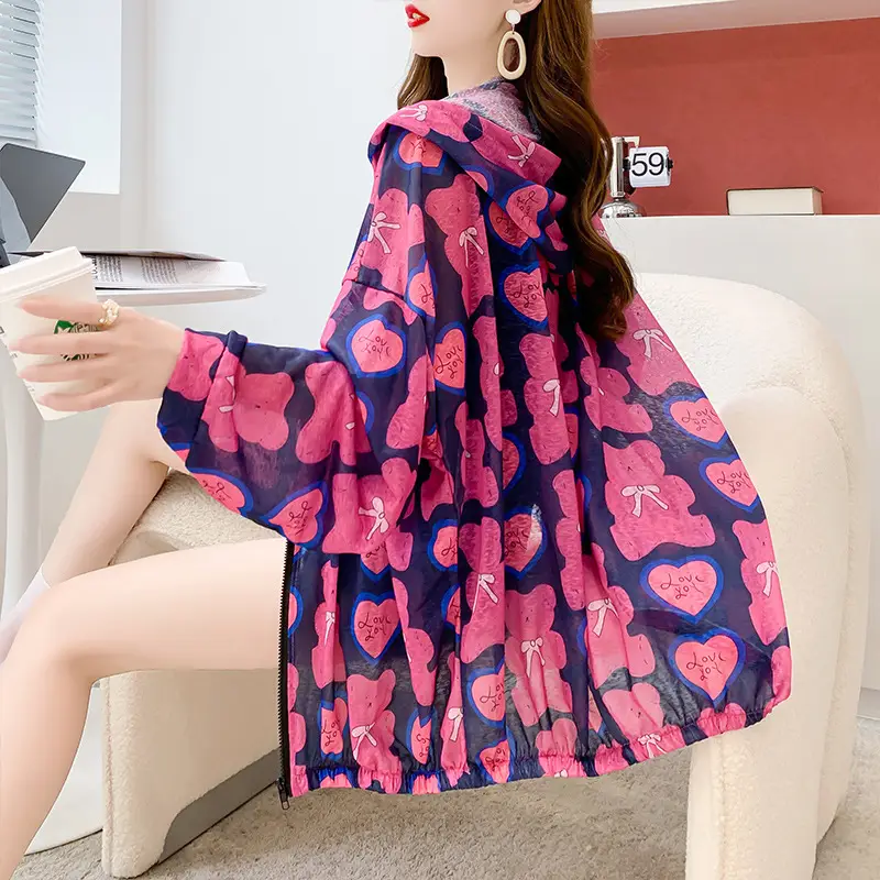 2023 Printed Heart Zipper Cardigan Sunscreen Coat for Women - Image 4
