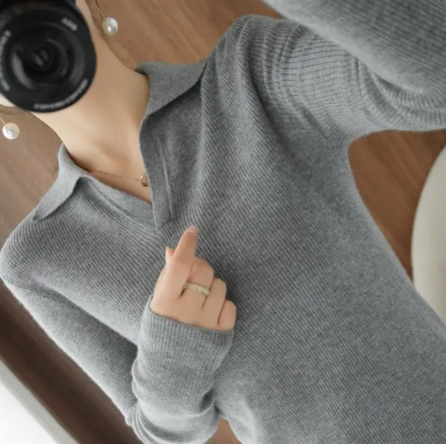 Women Knitted Polo Collar Sweater White Slim Fit - Image 10