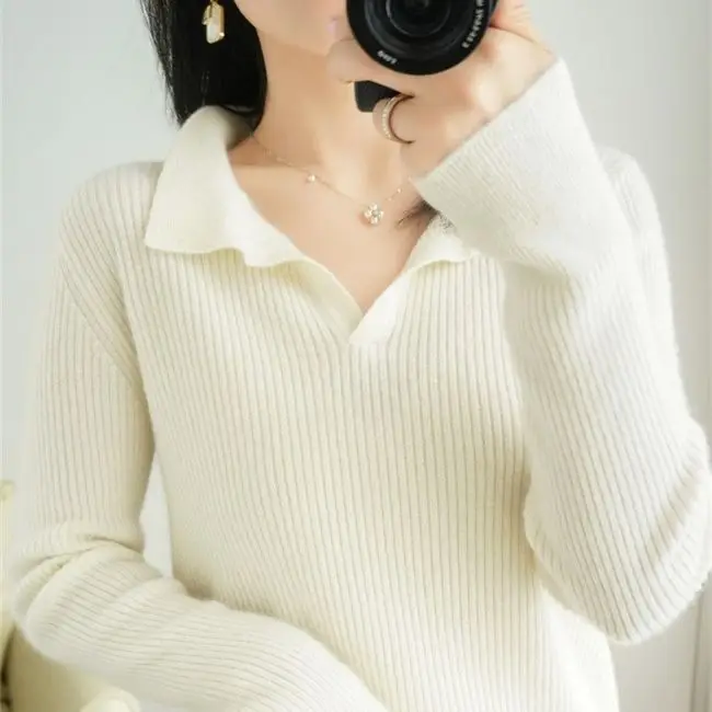 Women Knitted Polo Collar Sweater White Slim Fit - Image 11