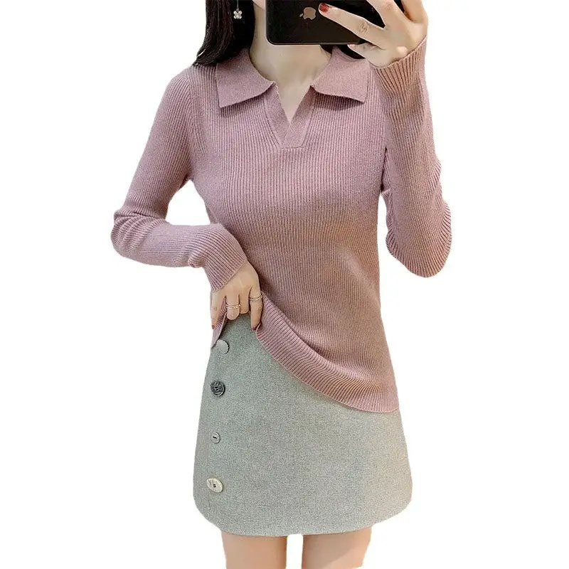 Women Knitted Polo Collar Sweater White Slim Fit - Image 12